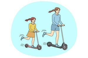 Happy mother and daughter have fun riding scooters together. Smiling mom enjoy weekend with child involved in physical activity. Vector illustration.