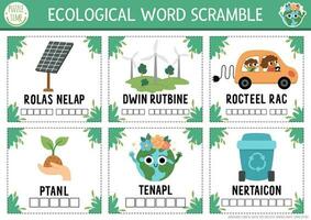 Vector ecological word scramble activity flash cards. English language game with traditional eco symbols for kids. Eco awareness quiz. Environment friendly educational printable worksheet