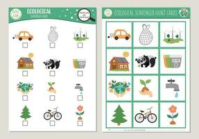 Vector ecological scavenger hunt cards set. Seek and find game with cute eco awareness symbols for kids. Earth day searching activity. Simple educational printable worksheet