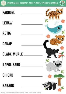 Vector extinct animals and plants word scramble activity page. English language game with whale, leopard, panda for kids. Ecological awareness quiz. Educational printable worksheet