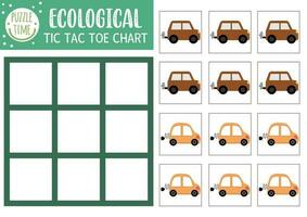 Vector ecological tic tac toe chart with alternative transport. Eco awareness board game playing field. Funny Earth day printable worksheet with electro car. Noughts and crosses grid