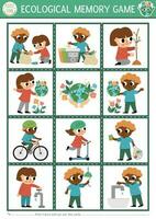 Vector ecological memory game cards with cute children caring of environment. Eco awareness matching activity. Remember and find correct card. Simple printable worksheet for kids