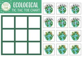 Vector ecological tic tac toe chart with smiling and sad polluted planets. Eco awareness board game playing field. Funny Earth day printable worksheet. Noughts and crosses grid