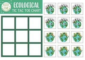 Vector ecological tic tac toe chart with smiling and sad polluted planets. Eco awareness board game playing field. Funny Earth day printable worksheet. Noughts and crosses grid