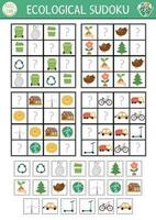 Vector ecological sudoku puzzle for kids with pictures. Simple Earth day quiz with cut and glue elements. Eco awareness education activity with zero waste concept. Find missing objects