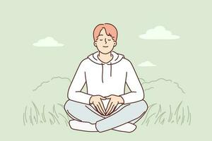 Man meditates sitting on green grass and practices yoga to restore strength and put thoughts in order. Peaceful guy meditates in meadow, wanting to achieve harmony or balance with nature. vector