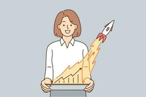 Businesswoman with graph and rocket taking off symbolizing financial success of company or attracting investment in startup. Woman manager with tablettop showing client growth graph in startup vector