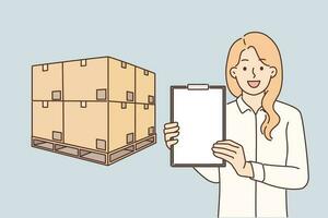 Woman logistician stands near boxes placed on pallet and demonstrates empty clipboard, advertising services of transport company. Girl logistician or storekeeper offers to use delivery services vector