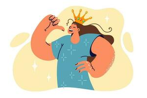 Proud teenage girl wearing crown points finger at herself, feeling ambitious and confident to succeed. Schoolgirl in golden princess crown for concept of narcissism and vanity in children vector