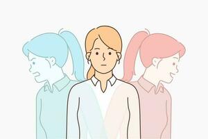 Woman controls own mental state, not wanting to show emotions to others. Young girl entangled in emotions needs support of psychotherapist to avoid mental disorder or split personality. vector