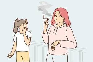 Woman smoking cigarette making daughter passive smoker and causing child suffering from nicotine and tobacco smoke. Problem of passive smoking in children associated with negligence of parents vector