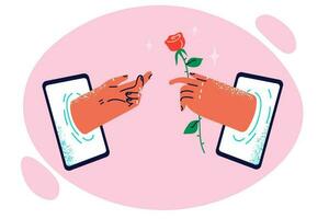 Hand with rose in tablet display metaphor for digital gift and romantic messaging via internet app. Concept of chatting on sites for dating and sending gift in cyberspace or internet flirting vector