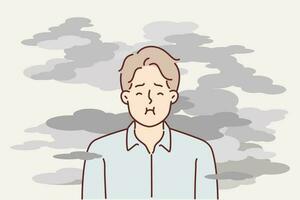 Man stands in smoke and tries to hold breath to avoid getting harmful substances into lungs. Concept environmental problems caused by forest fires or exhaust from industrial enterprises vector