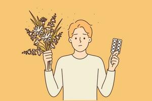 Allergic man with flowers and pills to treat immune problems caused by pollen from flowering plants. Allergic guy recommends use of antibiotics or vitamins to combat hypersensitivity of body vector