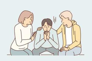 Friends console depressed man suffering from stress after breaking up with girlfriend or being fired from job. Friends support and provide moral assistance for guy who is in difficult life situation. vector