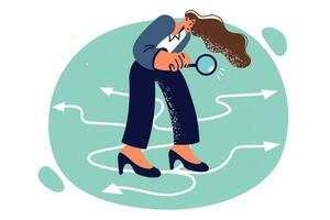 Business woman is looking for right way using magnifying glass standing near arrows symbolizing options for solving problem. Smart woman doing research before making business decision vector
