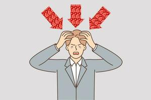 Businessman is suffering from pressure of questions and problems needing solution and clutching head. Businessman stands among red arrows and shouts asking for help to solve complex issues. vector