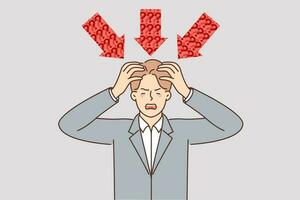 Businessman is suffering from pressure of questions and problems needing solution and clutching head. Businessman stands among red arrows and shouts asking for help to solve complex issues. vector