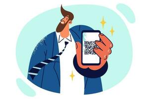 Man with mobile phone shows QR code to scan and gain access to event or quick cashless payment for purchase. Guy in business suit recommends downloading application for QR verification via phone vector
