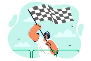 Starting flag in hands of man announcing start of race and giving signal to drivers of high-speed cars. Guy in headset waving race flag for concept of finish line in sports competition vector