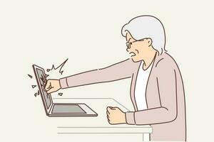 Elderly woman smashes laptop screen by punching it because of bad news on website or freezing software. Gray-haired female pensioner is nervous and breaks laptop while learning to use internet vector