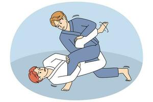 Men fighting on arena. Male athletes training martial arts or jiu-jitsu. Sport and hobby concept. Vector illustration.