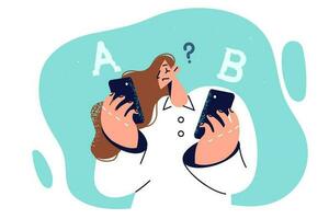 Woman with two mobile phones chooses gadget to buy and doubtfully examines different models with letters A and B. Embarrassed girl holds phones of various brands comparing technical specifications vector