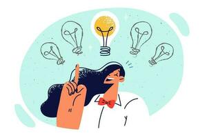 Businesswoman who came up with idea points up at burning light bulb and smiles after completing brainstorming session. Woman came up with idea to increase sales or way to attract new customers vector