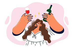 Drunk girl holding bottle of red wine and glass offering to drink during birthday party. Cheerful woman is resting and drinking wine, inviting to celebrate festive event and enjoy taste of bordeaux vector