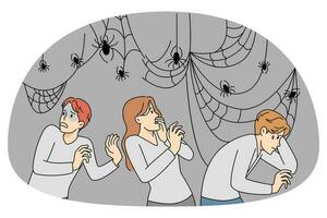 Anxious people afraid of spiders on webs and nets. Stressed men and women feel scared and terrified suffer from arachnophobia. Vector illustration.