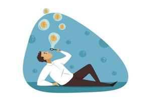 Mining, investment, success, easy money, business concept. Cryptocurrency earning digital finance ecommerce illustration. Lazy businessman manager entrepreneur making bitcoing from air blowing bubbles vector