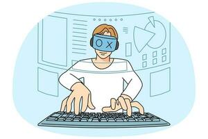 Man in VR glasses play computer online games on PC. Male gamer in virtual reality headwear enjoy digital world. Flat vector illustration.