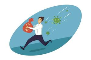 Crisis, coronavirus, business, danger, healthcare concept. Saving money bankruptcy escaping from trouble illustration. Young scared terrified businessman clerk manager character running from virus. vector