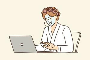 Woman internet troll and hater uses laptop sitting at home with mask on face and in curlers. Crazy troll girl spreads gossip and fake news or uses hate speech when communicating on forums vector