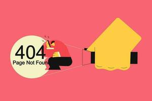 Uncovering 404 error page not found concept. Businessman guided by hand holding flashlight sitting with laptop and page not found problem sign vector illustration