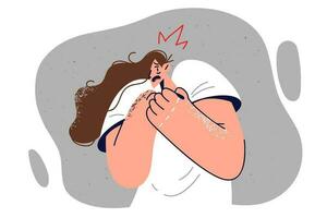 Frightened woman in panic presses hands to chest having made mistake or learned about approach danger. Defenseless frightened girl needs help and protection due to cowardice and inability to resist. vector