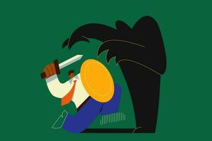 Fear, challenge, struggling with inner problems concept. Businessman with sword and shield fighting with his own spooky shadow as knight over green background vector illustration