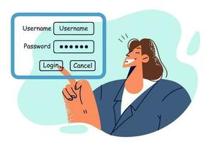 Business woman enters username and password into form on virtual screen to gain access to personal account. Concept authorization and authentication for access to cyberspace and digital security vector