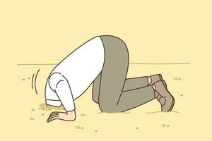 Man hides head in sand like ostrich from proverb, for concept of denial of problems and cowardice. Cowardly guy hides head, not sparing to deal with troubles and ignoring important issues. vector