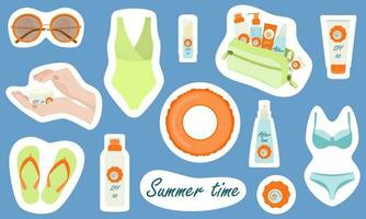 Set of summer stickers. Vector illustration on a beach theme.