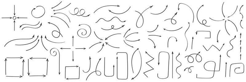 Curved arrows. Set of vector hand drawn arrows. Collection of pointers.