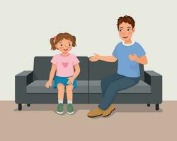 Young father talking to his daughter sitting on sofa giving advises encouragement and support vector