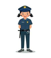 linda pequeño niña vistiendo policía uniforme fingiendo a ser policía oficial vector