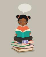 Cute little African girl reading a book sitting on the stack of books vector