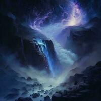 view waterfall with aurora illustration photo