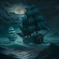 Pirate Ship in the dark sea illustration design photo