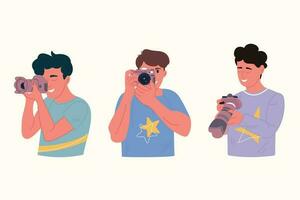 A set of men with a photo camera. A man is making a photo. World Photography Day vector