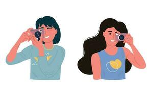 Women with a photo camera. A woman takes a photo. World Photography Day vector