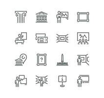 Set of museum related icons, tourist group, art gallery, sculpture, demonstration and linear variety vectors. vector
