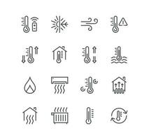 Set of house heating related icons, heat supply, heating boiler, water heater, gas and electric heating and linear variety vectors. vector